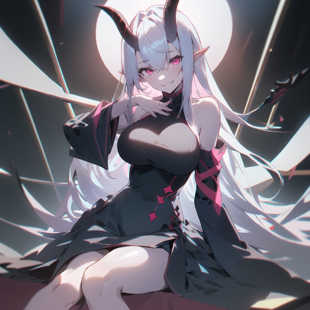 14340-1343100255-1girl, solo, long_hair, breasts, looking_at_viewer, evil smile, bangs, large_breasts, dress, hair_between_eyes, bare_shoulders,.jpg